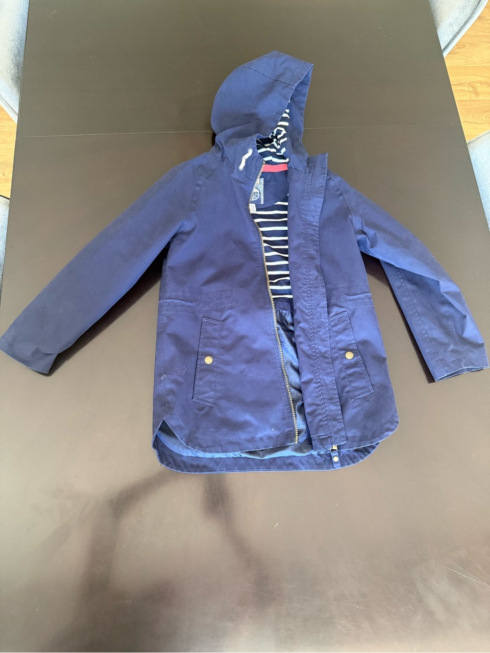 Joules Navy Hooded Kids Raincoat with Striped Lining